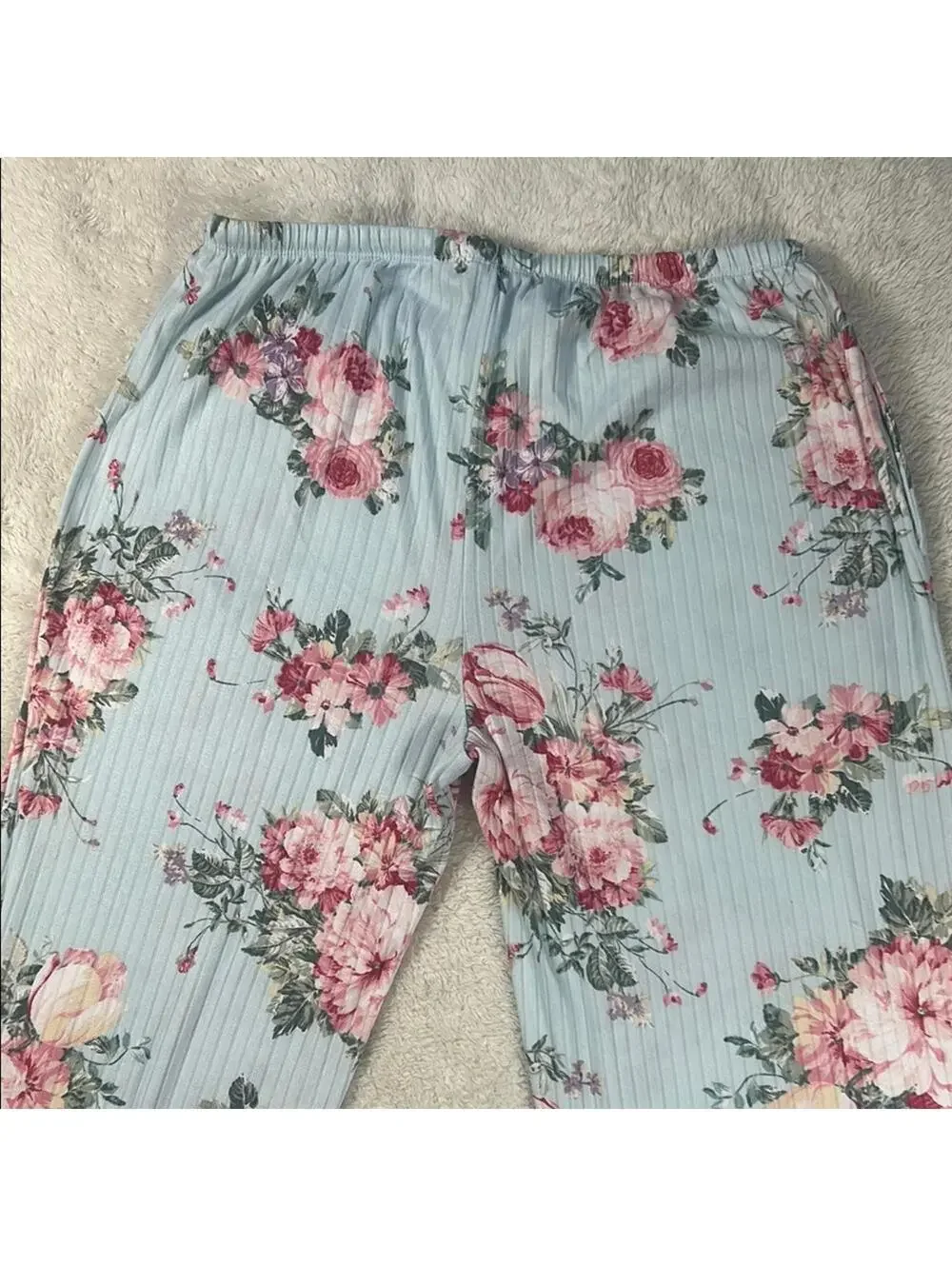Flora Nikrooz Blue Floral Ribbed 2 Piece Pajama Set SZ Med Soft Lounge Sleepwear